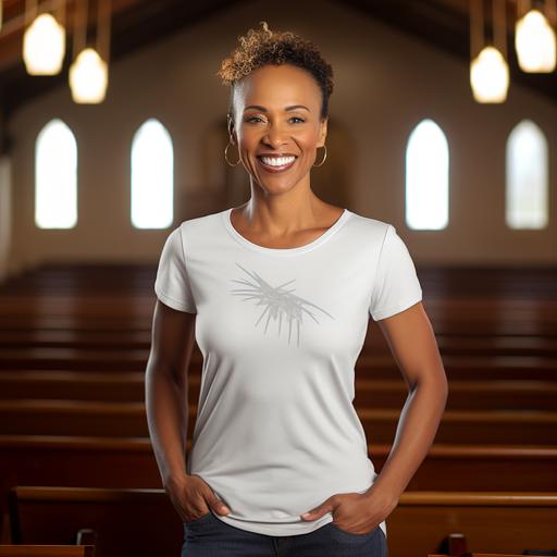model mockup for a mature African American female pastor wearing a blank white t-shirt with no design, background is the church choir stand