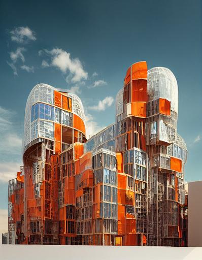 modern Art Nouveau architecture, Jean Nouvel, Frank Gehry, Gaudi, generative design, lot of glass, tower, glassed windows, circular building, round building, cube windows, cube balconies, concrete, orange copper rods wrapped around, faded white, 3d render, hyperrealism, —ar 4:5 --test --creative --upbeta