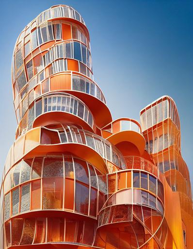 modern Art Nouveau architecture, Jean Nouvel, Frank Gehry, Gaudi, generative design, lot of glass, tower, glassed windows, circular building, round building, cube windows, cube balconies, concrete, orange copper rods wrapped around, faded white, 3d render, hyperrealism, —ar 4:5 --test --creative --upbeta