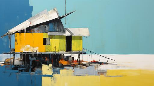 modern abstract gouache painting, yellow, blue, green pastel colors, modern wooden shack on a deserted island --ar 16:9 --s 250