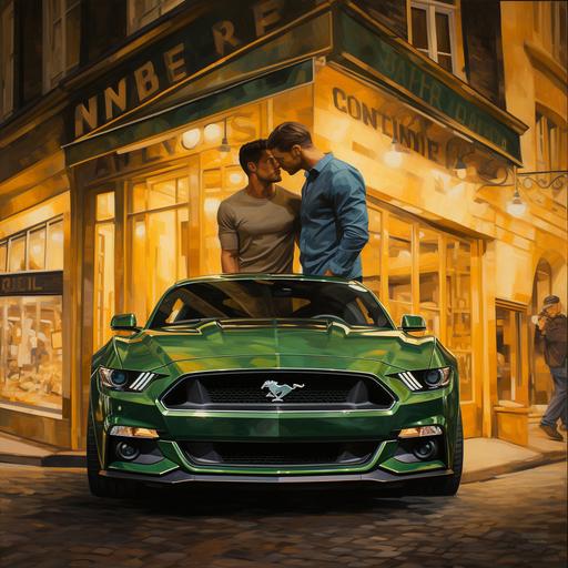 modern acrylic painting in variations of green and gold. A couple of two young muscular gay men, kissing next to a 2019 Ford Mustang hurtling down a Parisian street, next to a futuristic bar