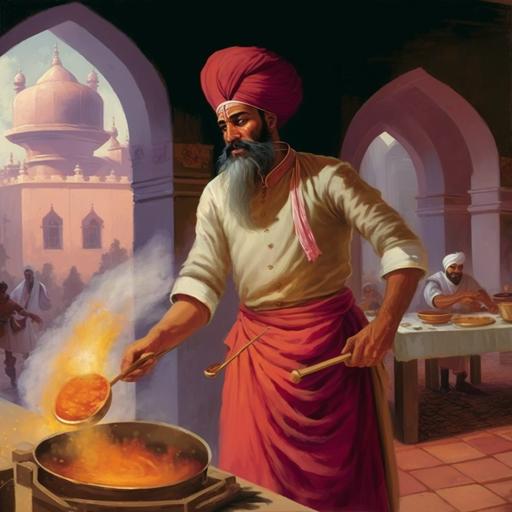 modern age mid 40 age , cooking in kings palace , with good indian heratege in the back ground , chef with a red cloth tied on the head , catching a huge ladel