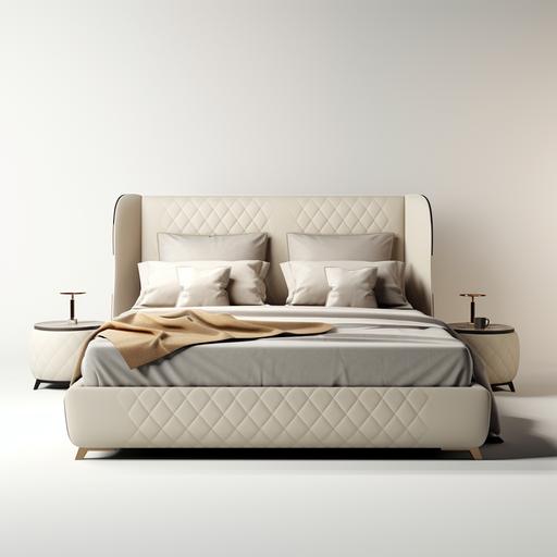 modern bed with solid upholstered base, footboard base, high bed, neutral upholstery headboard, wood frame headboard, luxury, classy, chic, bedroom suite, pedestals, chest of drawers, white plain studio shoot with luxury white background and luxury aesthetic feel, luxury shoot, photorealistic, ultra HD, 5HD, 4HD, 5K (only the products in shoot)