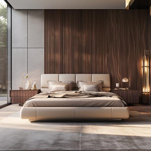 modern bed, wood, neutral upholstery headboard, wood frame headboard, luxury, classy, chic, bedroom suite, pedestals, chest of drawers, studio shoot with luxury background and luxury aesthetic feel, luxury shoot, photorealistic, ultra HD, 5HD, 4HD, 5K (only the products in shoot)