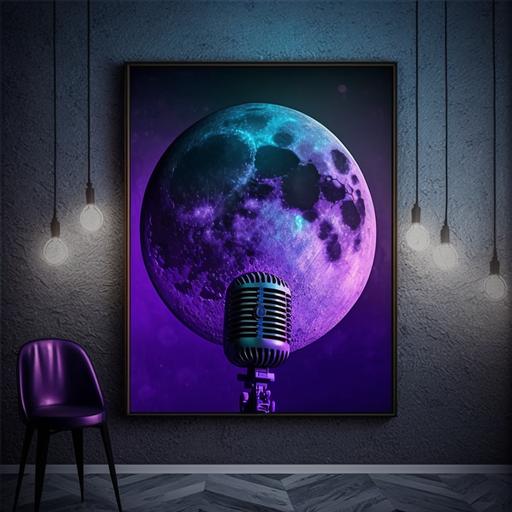 modern big picture wall frame of a big moon, old school microphone in the midle of the moon, purple and blue theme, dark marble wall, led lights, clean, chill vibe, space, music studio, intagram story format, portrait