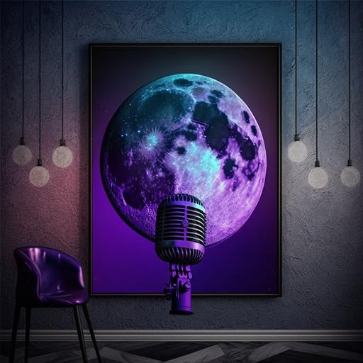 modern big picture wall frame of a big moon, old school microphone in the midle of the moon, purple and blue theme, dark marble wall, led lights, clean, chill vibe, space, music studio, intagram story format, portrait