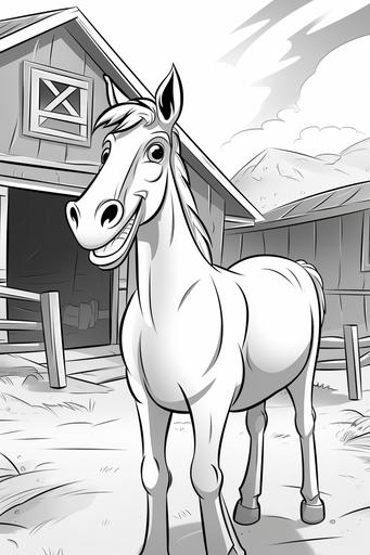modern cartoon style black and white horse smiling standing in front of a barn --ar 2:3