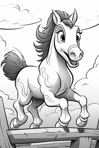 modern cartoon style childrens coloring book page, silly horse, scared look, jumping over a rattlesnake, simple line art, black and white --ar 2:3