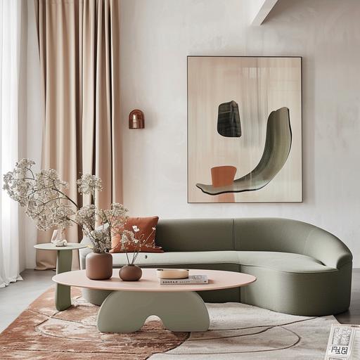 modern clean lines white living room with textural rug and sofa in a green color, curved futuristic design and simple flowers on peach round coffee table with medium sized framed art