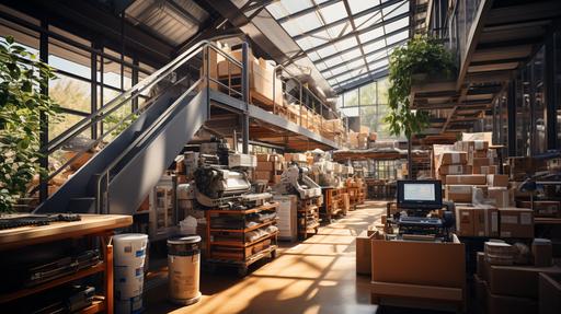 modern coffee packing facility. bright warehouse with plenty of sunlight. 8k, ultra detailed, ultra realistic, Canon EOS 5D Mark IV with Canon EF 24-70mm f/2.8L II USM lens, accent lighting, wide shot --ar 16:9 --s 750