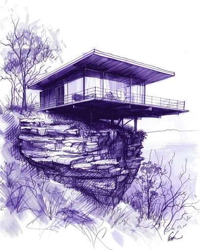 modern external architecture, dwelling in the blue mountains Australia, cross-hatching in etching scratchboard style, wavy lines, line drawing, graphics, blue ballpoint pen drawing, --chaos 20 --ar 4:5