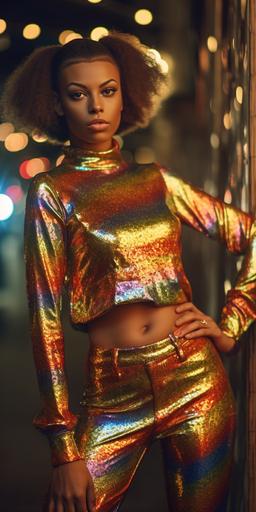modern fashion, disco themed outfit, modern styling --ar 1:2 --c 33 --s 333