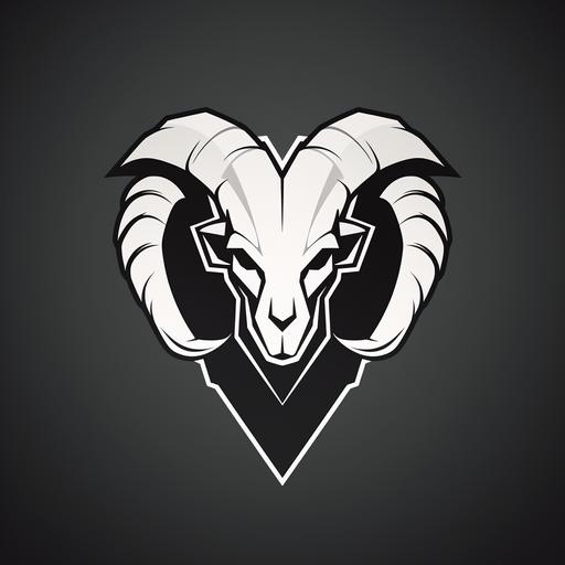 modern, geometeric, abstract, extremely simplified, symmetrical left to right, black and white, no grayscale, line art illustration of a Ram skull with horns, looking straight ahead in the style of a vector art logo