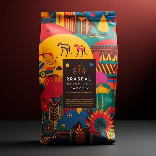 modern, happy, colorfull coffee label containing Rwanda country elements like animals, coffee bag, nature, coffee, coffee cherry, national colors.
