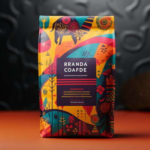 modern, happy, colorfull coffee label containing Rwanda country elements like animals, coffee bag, nature, coffee, coffee cherry, national colors.