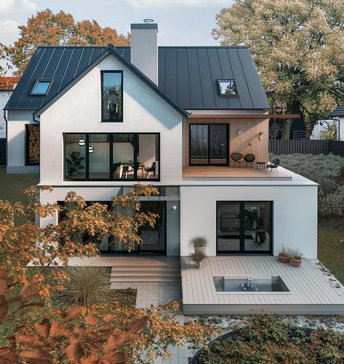 modern house of 100 square meters, with black steel seam roof, light gray and white facade, timber frame structure on the wall, classic proportions, Danish design --ar 67:71