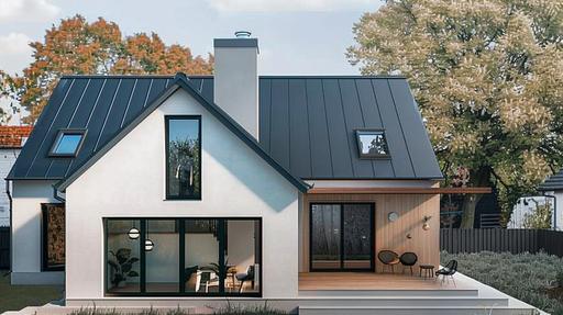 modern house of 100 square meters, with black steel seam roof, light gray and white facade, timber frame structure on the wall, classic proportions, Danish design --ar 16:9