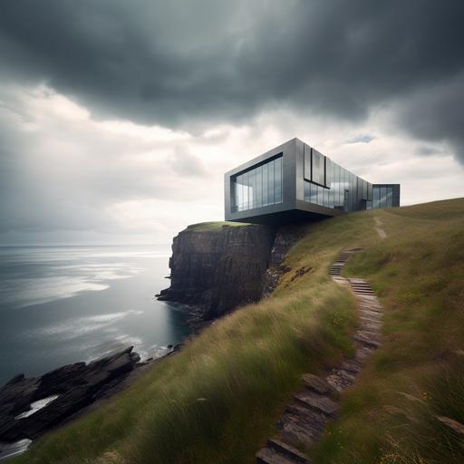 modern house on the edge of a beautiful cliffs in scotland, sea, architecture, cloudy, enviroment, zaha hadid --v 5