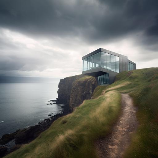 modern house on the edge of a beautiful cliffs in scotland, sea, architecture, cloudy, enviroment, zaha hadid --v 5