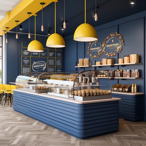 modern ice cream shop navy blue and yellow with ice cream and cookie displays