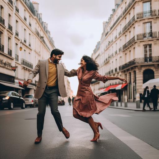 modern indian best friend couple in paris streets dancing
