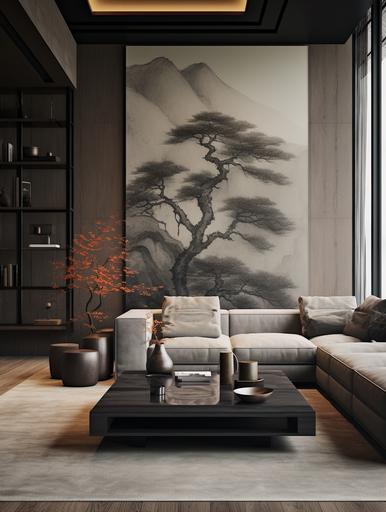 modern living room interior design black concrete contemporary modern living room, in the style of influenced by ancient chinese art, subtle color gradations, song dynasty, precise craftsmanship, opaque resin panels, muted earth tones, hard-edged lines --ar 3:4