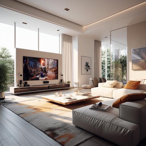 modern living room with cyramic floor and wgite sofa, large tv scren playing netflix, large window that allow the sun to enter.