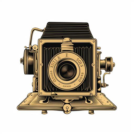 modern logo of an 18th century camera, square shaped, black and gold, vector, sticker logo, --no background