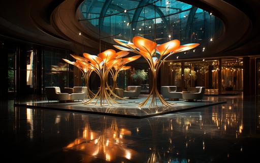 modern, lumino kinetic chandelier in the foyer of a hotel in Dubai --ar 16:10 --s 750