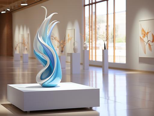 modern minimalist, siphonophore design blue and white opaque vase on a table in a art gallery --s 750 --ar 16:12