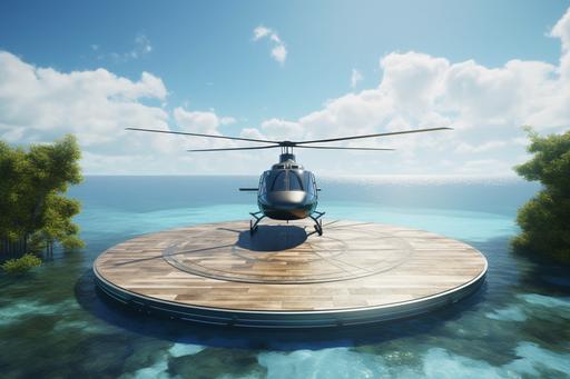 modern private helicopter landing pad on the coast of a tropical island, florida, vast ocean, artstation trending, octane, sunny, bright, --ar 3:2 --v 5