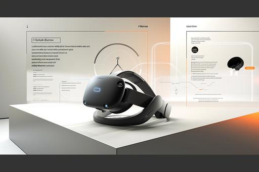modern sleek, slim profiled black VR headset, on a modern stand --ar 3:2 --v 6.0