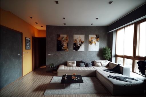 , modern style, simple but yet stylish, spacious and clean, the floor should be gray laminate , Venetian plaster,::3 wall in grey and gold, the door should be on the left of the front wall , settings:: living room --ar 3:2