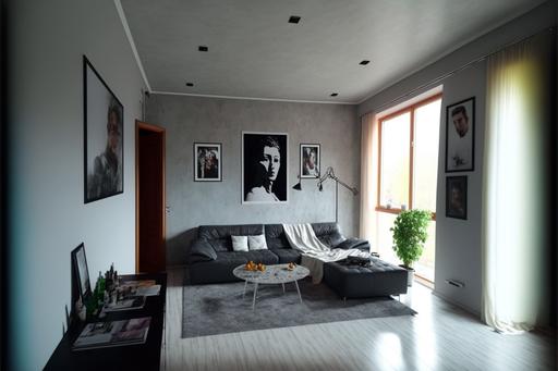 , modern style, simple but yet stylish, spacious and clean, the floor should be gray laminate , Venetian plaster,::3 wall in grey and gold, the door should be on the left of the front wall , settings:: living room --ar 3:2