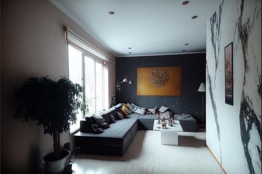 , modern style, simple but yet stylish, spacious and clean, the floor is gray laminate , Venetian plaster wall in white and gold, marble wall , door at the bottom of the right wall , settings:: livingroom --ar 3:2