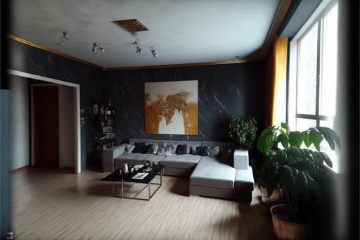 , modern style, simple but yet stylish, spacious and clean, the floor is gray laminate , Venetian plaster wall in white and gold, marble wall , door at the bottom of the right wall , settings:: livingroom --ar 3:2