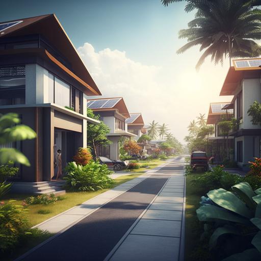 modern sustainable urban housing neighborhood in indonisia, sunny day realistic 4k