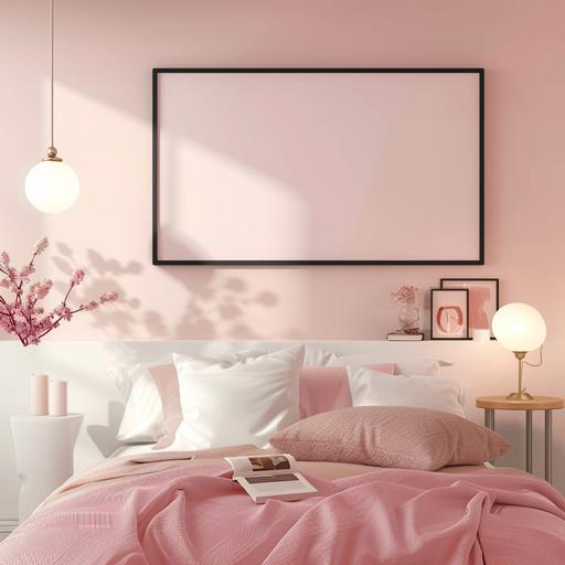 modern trendy minimalist frame mockup, bedroom pale pinks, black horizontal frame, copyspace
