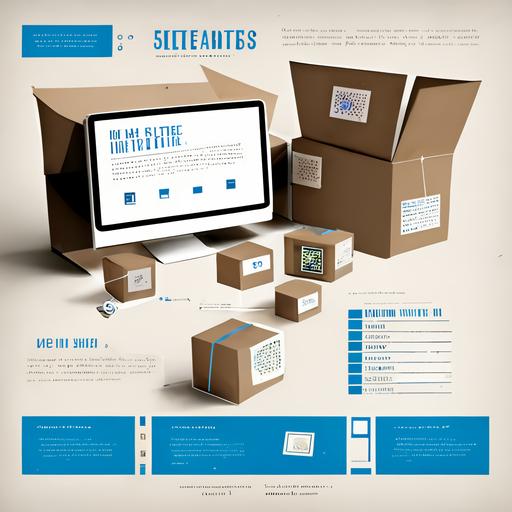modern website design blue and white clor schem lots of squares and overlaping boxes and add in and a high detailed blue mailer box with flaps on the sides a brown cardboard inside on a white table and having shirts, pens, name tags and socks inside with college items around it build a cool website design