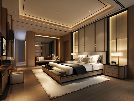 modern woody bedrooms design | tan walls white bedroom | contemporary interiors, in the style of qiu shengxian, moody atmospheres, dark black and light black, large-scale minimalist, double tone effect, modular design, xu bing --ar 4:3