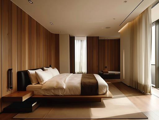 modern woody bedrooms design | tan walls white bedroom | contemporary interiors, in the style of qiu shengxian, moody atmospheres, dark black and light black, large-scale minimalist, double tone effect, modular design, xu bing --ar 4:3