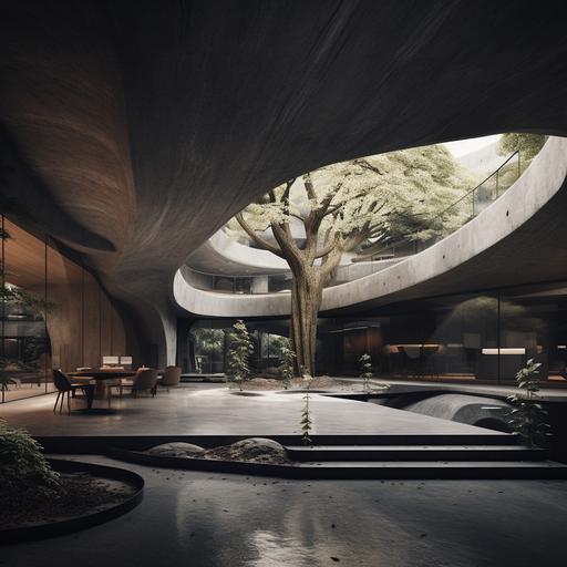 modernist and brutalist dark interior view of a cave like office building with undulating concrete walls with trees in a courtyard