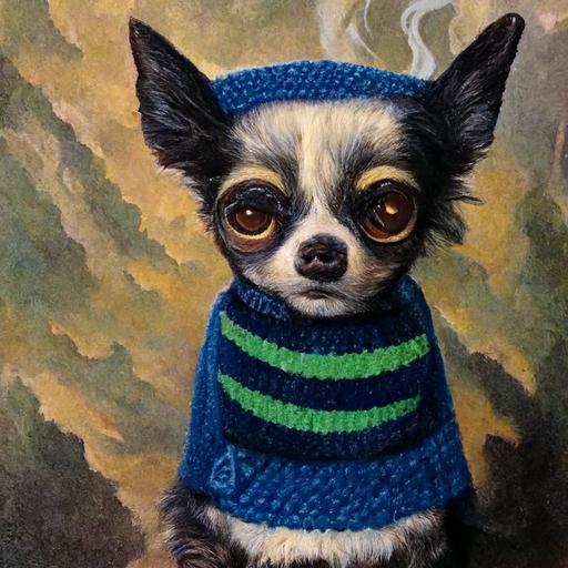 modernist long haired chihuahua with big eyes and a button nose wearing a blue sweater with green stripes with a magritte pipe