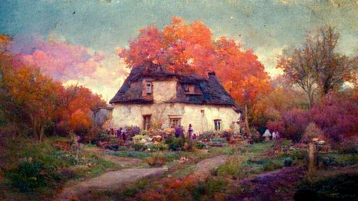 mohrbacher, hyper-detailed, hyper-realistic, blue + pink + purple + orange, autumn, sunset, countryside, France, pathway + old cottage + thatched roof + the chimney is blowing + old window + climbing flowers on wall, old lady + kids + fowl + cows + outdoor dining table, garden + vegetable + corn + pumpkin tree + apple tree, colourful wild flowers + wild grass, old wooden fence + small wooden pier + small lake + small boat, wash clothes + clothesline + clothes, peaceful, --ar 16:9