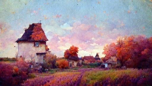 mohrbacher, hyper-detailed, hyper-realistic, blue + pink + purple + orange, autumn, sunset, countryside, France, pathway + old cottage + thatched roof + the chimney is blowing + old window + climbing flowers on wall, old lady + kids + fowl + cows + outdoor dining table, garden + vegetable + corn + pumpkin tree + apple tree, colourful wild flowers + wild grass, old wooden fence + small wooden pier + small lake + small boat, wash clothes + clothesline + clothes, peaceful, --ar 16:9