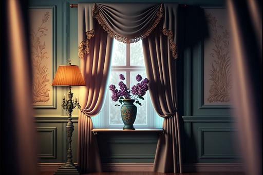 molding wall, retro window, beautiful curtains, flowers in a vase, a narrow chest of drawers on the right, retro standing lamp, retro style, wooden floor, stucco on the ceiling, intricate details, hyper sharp focus, high quality, beautifully color, 8k --ar 3:2 --v 4 --q 2