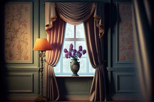 molding wall, retro window, beautiful curtains, flowers in a vase, a narrow chest of drawers on the right, retro standing lamp, retro style, wooden floor, stucco on the ceiling, intricate details, hyper sharp focus, high quality, beautifully color, 8k --ar 3:2 --v 4 --q 2