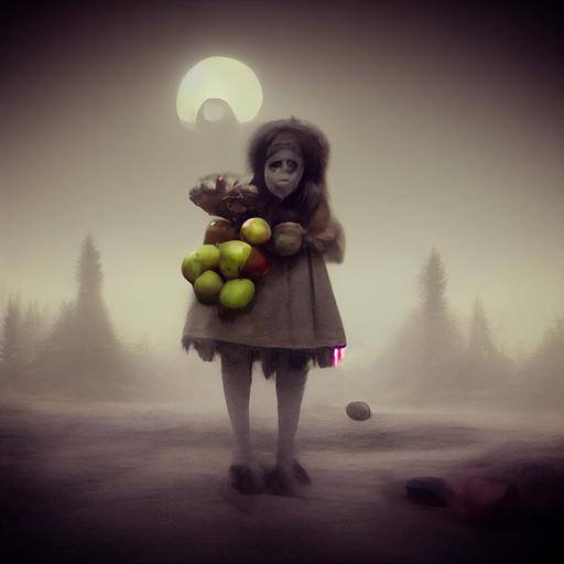 moldy girl with apples and ghost wolves, grey background, misty, cinematic lighting -- 4:3  --upbeta      --testp