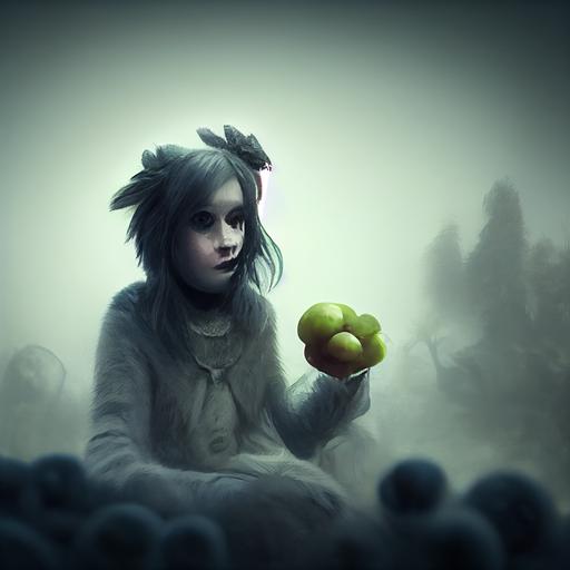 moldy girl with apples and ghost wolves, grey background, misty, cinematic lighting -- 4:3  --upbeta      --testp