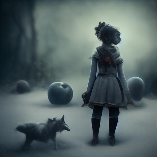 moldy girl with apples and ghost wolves, grey background, misty, cinematic lighting -- 4:3  --upbeta      --testp